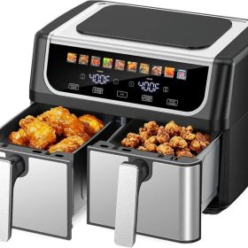 9.5 Quart Large Dual Basket Air Fryer With Double Basket, Independent Temp Control & Sync Mode, 10 Presets - Bake&Broil&Defrost&Dehydrate, Shake Remin