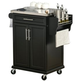 Kitchen Island on Wheels, Rolling Kitchen Cart with Stainless Steel Countertop, Drawer, Towel Rack and Spice Rack, Utility Storage Trolley, Black