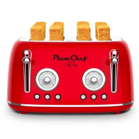 4-Slice Red Retro Style Toaster, Dual Control Toaster With Warming Rack, 6 Browning Settings, Bagel/Defrost Functions, 1650W