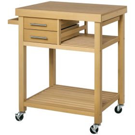 Bamboo Kitchen Island Cart on Wheels, 2 Storage Drawers, Open Shelves