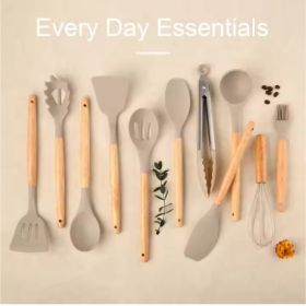 12 Pcs Silicone Heat Resistant Wooden Handle Kitchen Cooking Utensils Set, Khaki Color