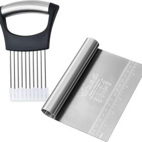 Multi-Purpose Stainless Steel Bench Scraper & Onion Holder Slicer Set - Dough Chopper With Anti-Slip Handle & Safety Cover