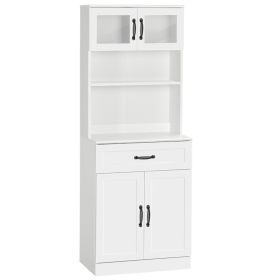 Freestanding Kitchen Pantry, 4-Door Buffet Cabinet with Hutch, Coffee Bar with Adjustable Shelves, 63.5 Inches, White