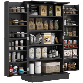 40.9" H Freestanding Kitchen Pantry Cabinet, 12 Door Shelves, Double Doors, 5-tier Shelving, Black