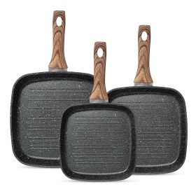 3 pcs Non-Stick Square Frying Pan Skillet Set, Stay Cool Handles & PFOA Free, Compatible with All Stovetops (9.5" 10" 11")