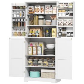 72" H Farmhouse Pantry Cabinet, 4 Barn Doors, 4 Adjustable Shelves, 8 Door Shelves, White