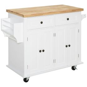 43.75" W Rolling Kitchen Cart, White, Wood Top, Spice/Towel Rack, Storage Drawers, Movable Dining Room Trolley