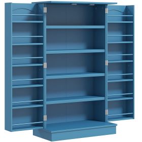 40.9" H Freestanding Kitchen Pantry Cabinet, 12 Door Shelves, Double Doors, 5-tier Shelving, Blue