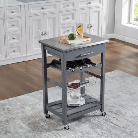Mobile Rolling Kitchen Island Trolley Serving Cart with Underneath Drawer & Slide-Out Wire Storage Basket