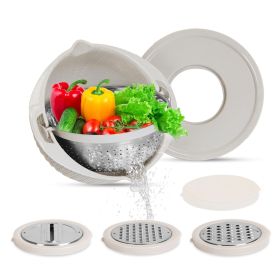 Multifunctional Mixing Bowl with Lid, Set of 3 Replaceable Graters, Food Strainer and Colander Fruit Vegetable Washing Basket, Stainless Steel