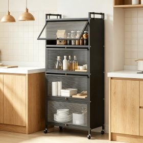 5-Tier Kitchen Storage Cabinet, PC Flip-up Doors, Adjustable Feet and Rolling Wheels for Home Organization
