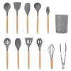 11Pcs Silicone Cooking Utensil Set, Heat Resistant, Wooden Handle, Silicone Spatula Turner Ladle Spaghetti Server Tongs