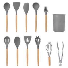 11Pcs Silicone Cooking Utensil Set, Heat Resistant, Wooden Handle, Silicone Spatula Turner Ladle Spaghetti Server Tongs (Color: Grey)