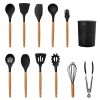 11Pcs Silicone Cooking Utensil Set, Heat Resistant, Wooden Handle, Silicone Spatula Turner Ladle Spaghetti Server Tongs