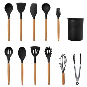 11Pcs Silicone Cooking Utensil Set, Heat Resistant, Wooden Handle, Silicone Spatula Turner Ladle Spaghetti Server Tongs (Color: Black)