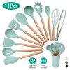 11Pcs Silicone Cooking Utensil Set, Heat Resistant, Wooden Handle, Silicone Spatula Turner Ladle Spaghetti Server Tongs