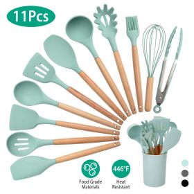 11Pcs Silicone Cooking Utensil Set, Heat Resistant, Wooden Handle, Silicone Spatula Turner Ladle Spaghetti Server Tongs (Color: LightGreen)