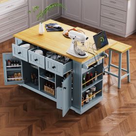 53" Large Kitchen Island with Drop Leaf, Power Outlet, Door, Internal Storage Rack (Color: Grey-Blue, Material: MDF)