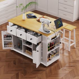 53" Large Kitchen Island with Drop Leaf, Power Outlet, Door, Internal Storage Rack (Color: White, Material: MDF)