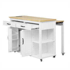 47" Kitchen Island with Extendable Kitchen Table, Rubberwood Veneer Kitchen Table, Internal Storage Rack, Power Outlet (Color: White, Material: MDF,Rubber Wood)