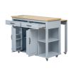 47" Kitchen Island with Extendable Kitchen Table, Rubberwood Veneer Kitchen Table, Internal Storage Rack, Power Outlet