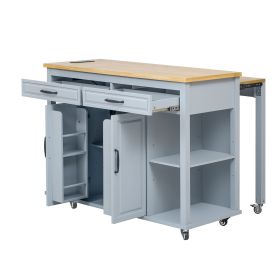 47" Kitchen Island with Extendable Kitchen Table, Rubberwood Veneer Kitchen Table, Internal Storage Rack, Power Outlet (Color: Grey+Blue, Material: MDF,Rubber Wood)