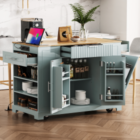 48.5" Fluted Kitchen Island with Trash Can Storage Cabinet, Power Outlet, Internal Storage Rack, Rolling Kitchen Island on 5 Wheels with 3 Drawers (Color: Grey+Blue, Material: MDF,Rubber Wood)