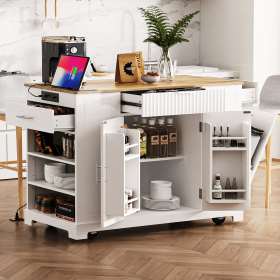 48.5" Fluted Kitchen Island with Trash Can Storage Cabinet, Power Outlet, Internal Storage Rack, Rolling Kitchen Island on 5 Wheels with 3 Drawers (Color: White, Material: MDF,Rubber Wood)