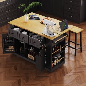 53" Large Kitchen Island with Drop Leaf, Power Outlet, Door, Internal Storage Rack (Color: Black, Material: MDF)