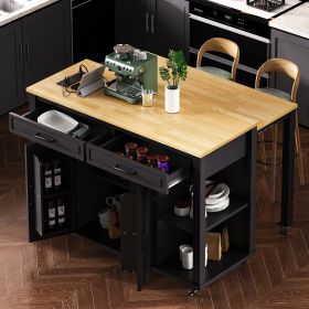 47" Kitchen Island with Extendable Kitchen Table, Rubberwood Veneer Kitchen Table, Internal Storage Rack, Power Outlet (Color: Black, Material: MDF,Rubber Wood)