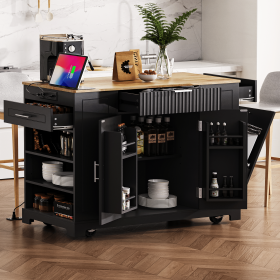 48.5" Fluted Kitchen Island with Trash Can Storage Cabinet, Power Outlet, Internal Storage Rack, Rolling Kitchen Island on 5 Wheels with 3 Drawers (Color: Black, Material: MDF,Rubber Wood)
