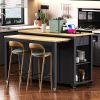 47" Kitchen Island with Extendable Kitchen Table, Rubberwood Veneer Kitchen Table, Internal Storage Rack, Power Outlet