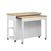 47" Kitchen Island with Extendable Kitchen Table, Rubberwood Veneer Kitchen Table, Internal Storage Rack, Power Outlet