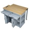 47" Kitchen Island with Extendable Kitchen Table, Rubberwood Veneer Kitchen Table, Internal Storage Rack, Power Outlet